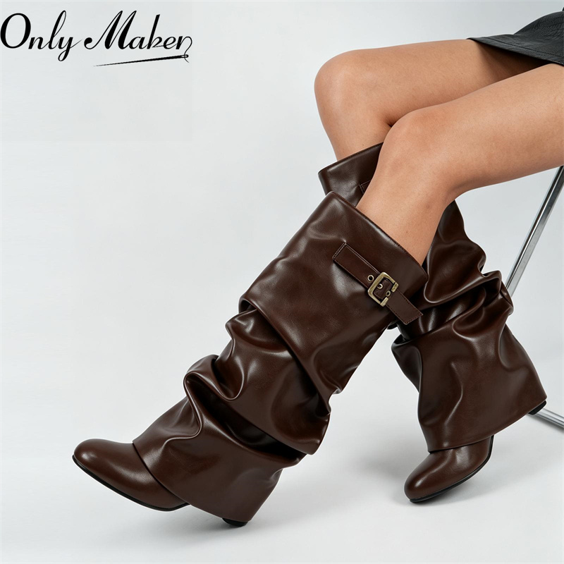 Wide Fit Heels - Onlymaker Brown Faux Leather Slouch Knee